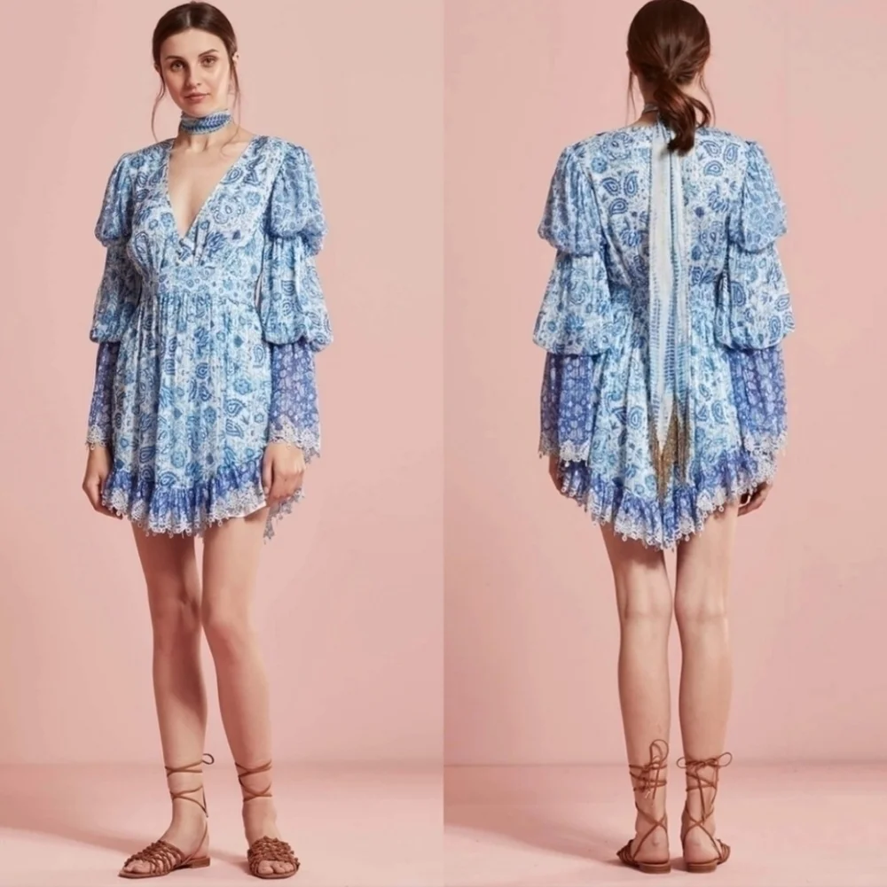 New Hemant & Nandita Suho Plunging Pleated Blouson Paisley Mini Dress In Blue XS